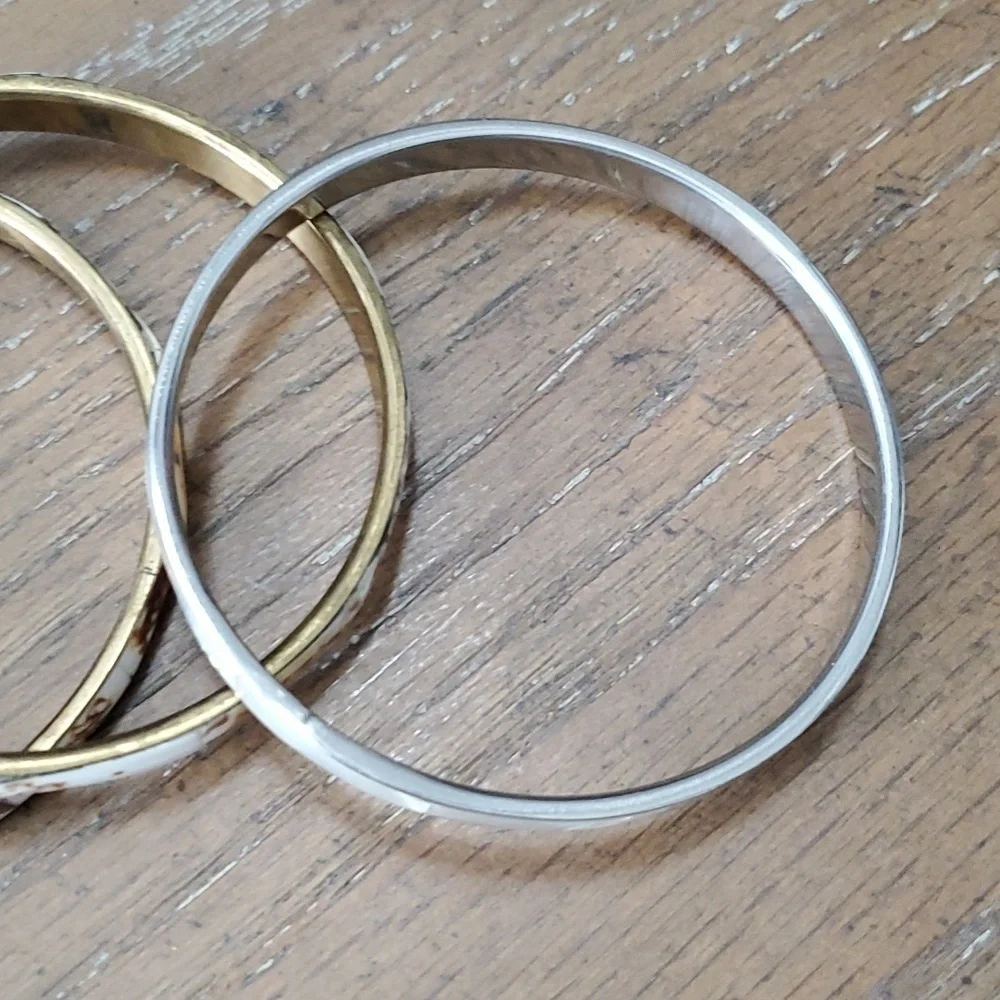 3 Shell Vintage inlaid bangle bracelets 2 brass inside 1 silver tone